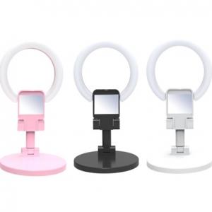 Foldable phone stand with ring light and mirror